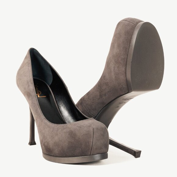 Saint Laurent Tribute Earth Grey Suede Platform Pumps - Picture 4 of 11